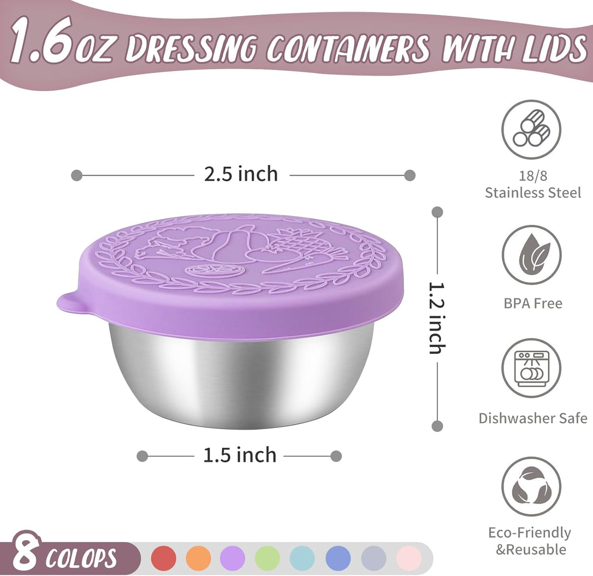 8 Pack - 1.6 Oz Small Salad Dressing Containers to Go, Sauce Cups with Lids