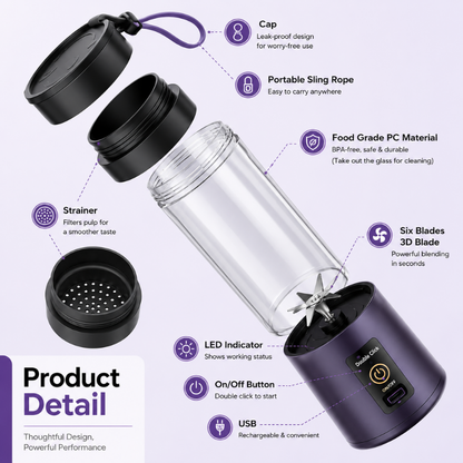 USB Rechargeable • 6 Blades • Safety Lock • Portable Smoothie & Juice Maker