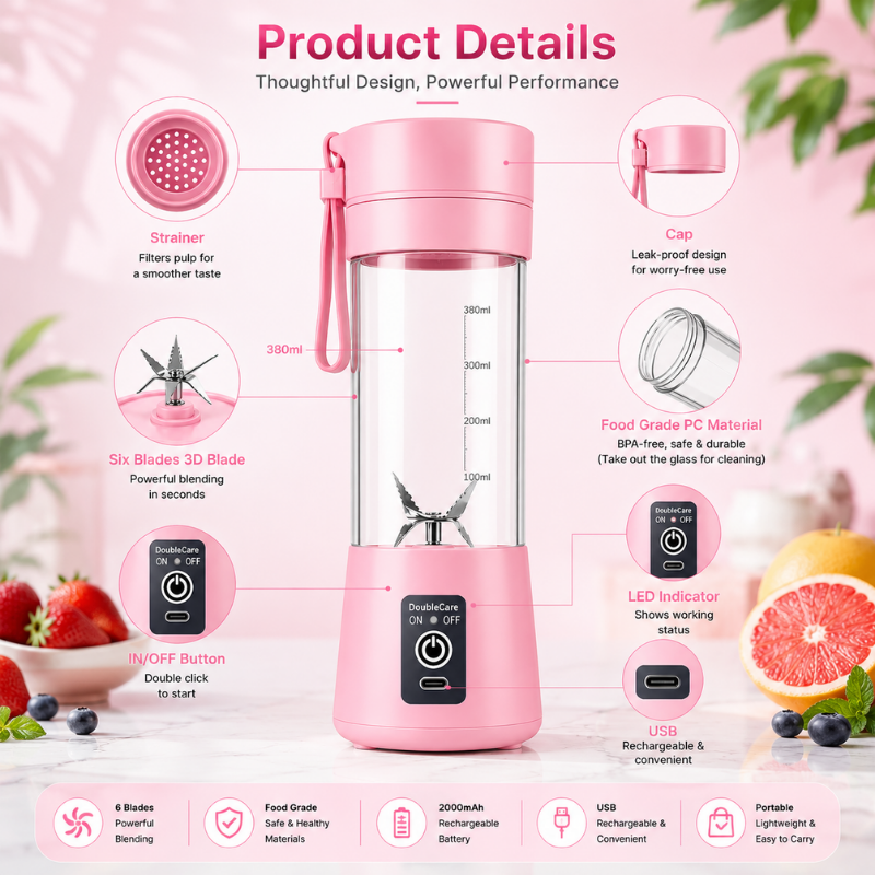 USB Rechargeable • 6 Blades • Safety Lock • Portable Smoothie & Juice Maker